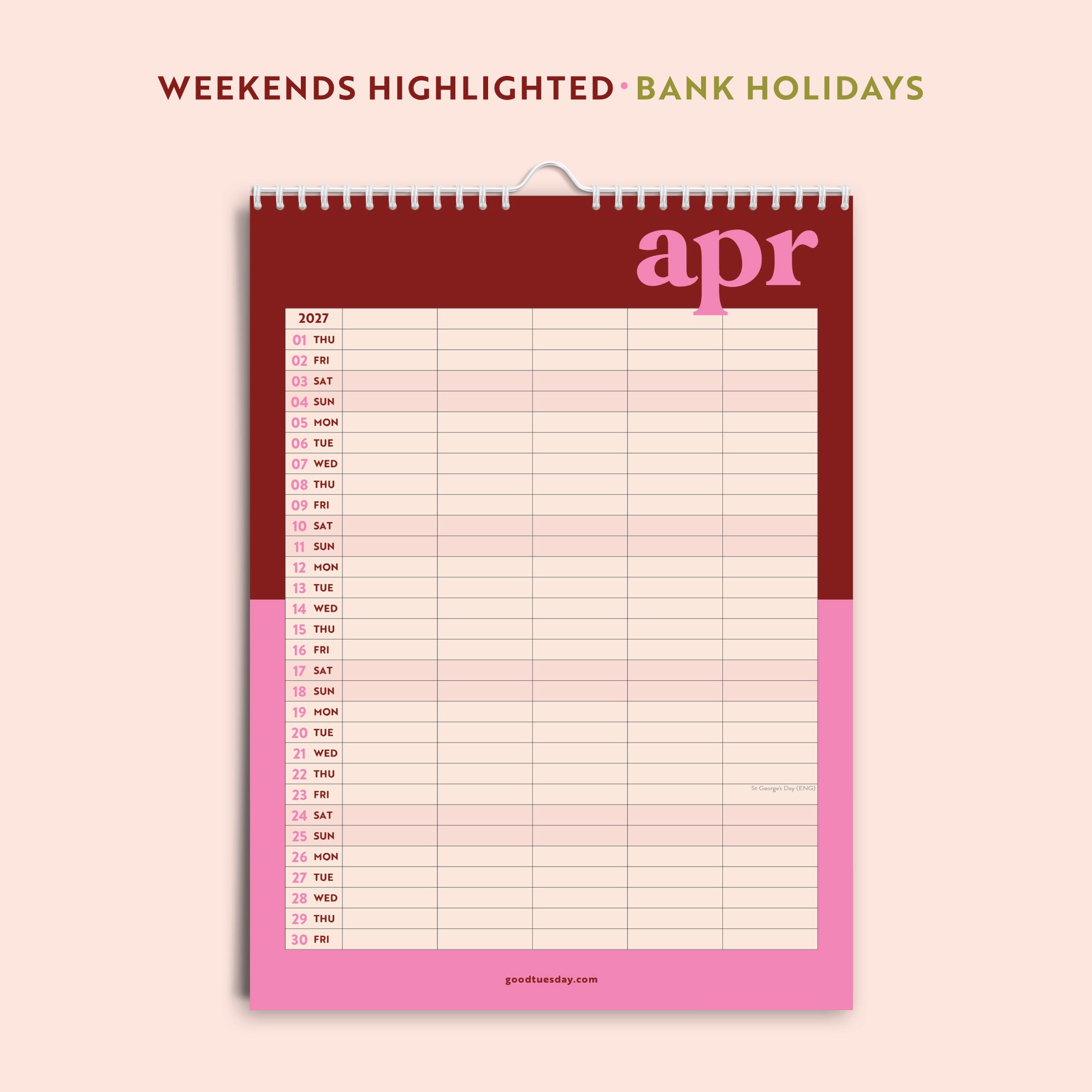 Family wall calendar showing highlighted weekends and UK and US holidays