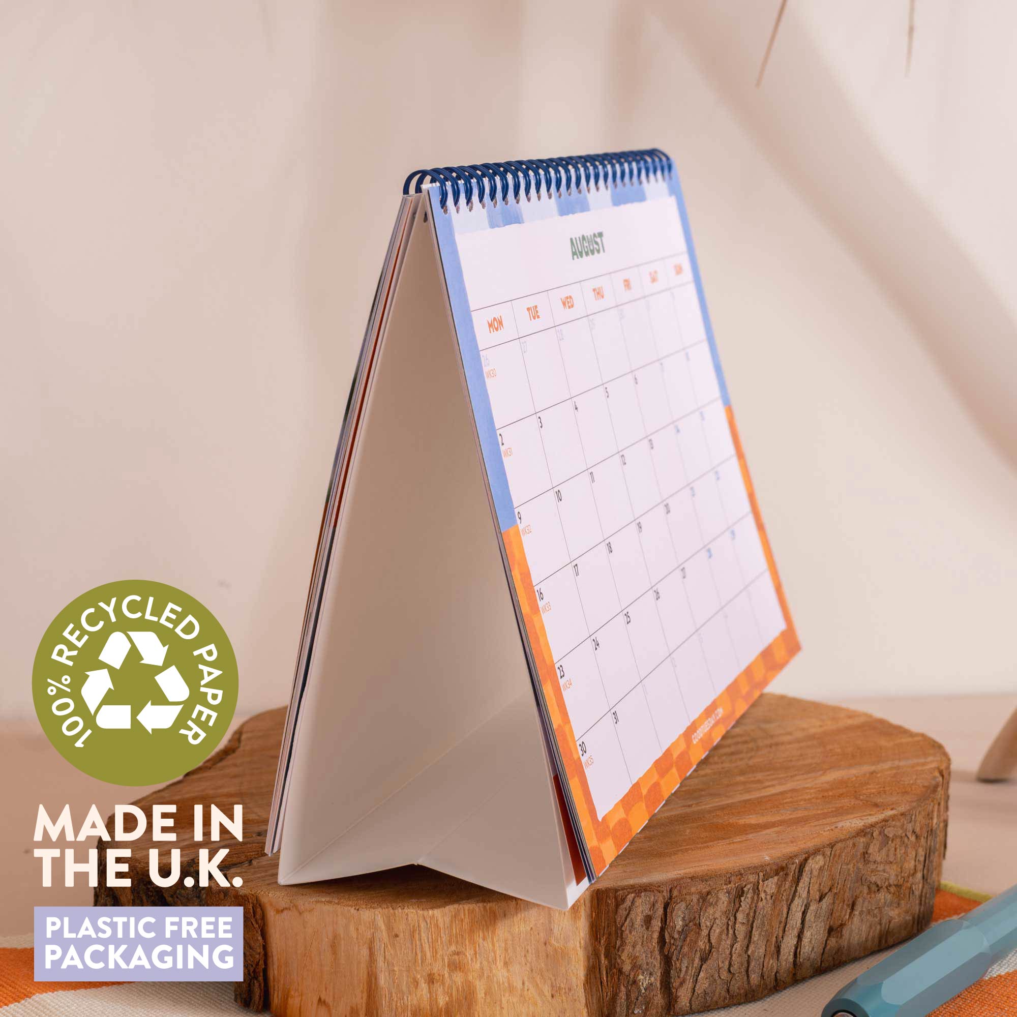 2028 year overview at the back, 2027 Coastal Stripe Desk Calendar