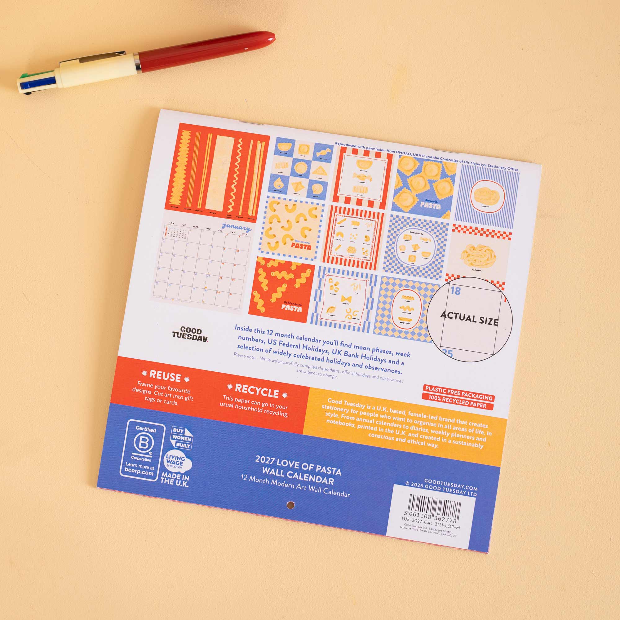 2027 Love of Pasta wall calendar, month to view layout by Good Tuesday