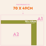 Size guide for the 2027 Design Museum Wall Planner, Landscape, showing dimensions 70 x 49cm (27.5 x 19.3 inches)