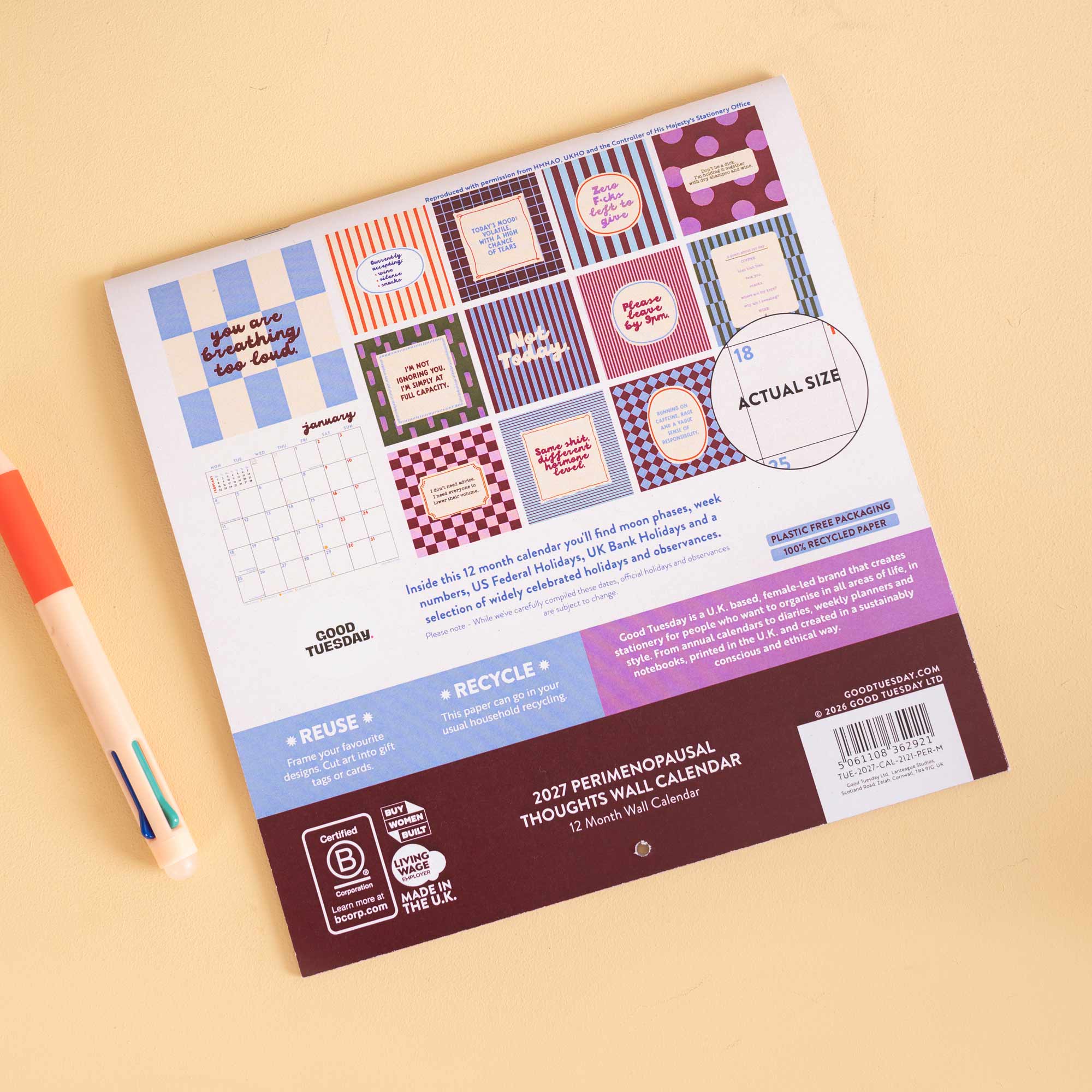 2027 compact wall calendar, humour-led illustrations for perimenopause