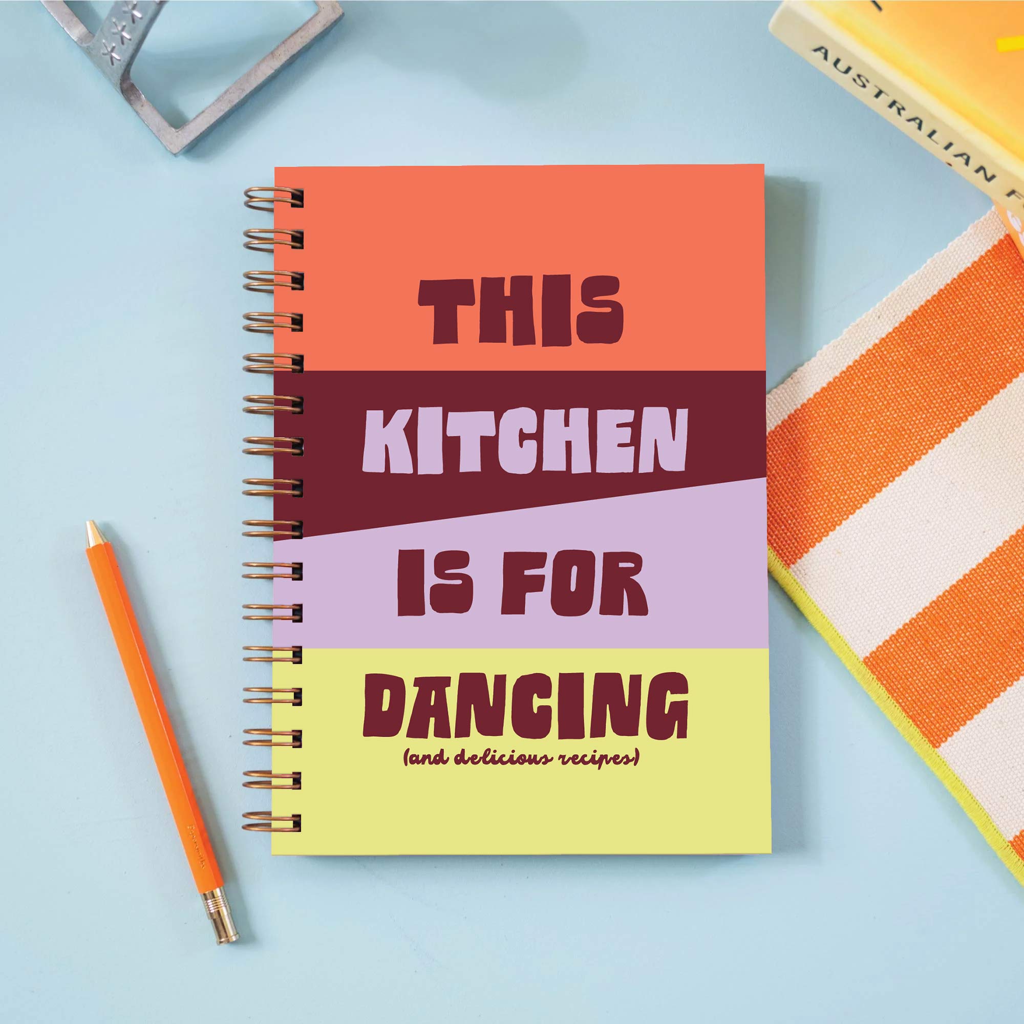 Blank Recipe Journal. Hardback. For Food Lovers. This Kitchen is for Dancing, Apricot, Burgundy, Lilac, Butter Yellow Cover.