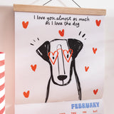 Close up of playful dog illustrations on 2027 Dog Life wall calendar that says 'I love you almost as much as I love the dog'