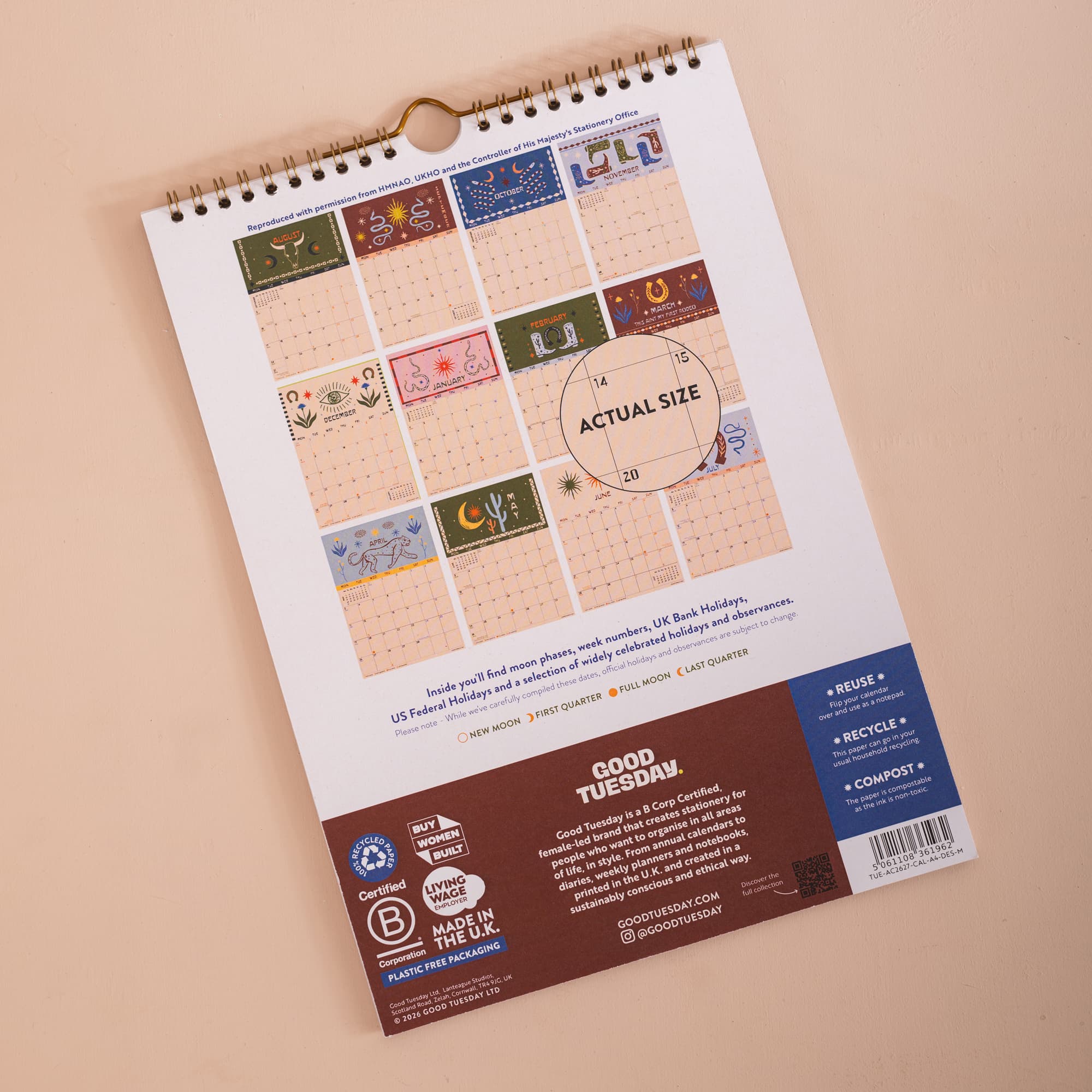 Back of 2026–2027 A4 academic calendar with wire binding and hanging loop
