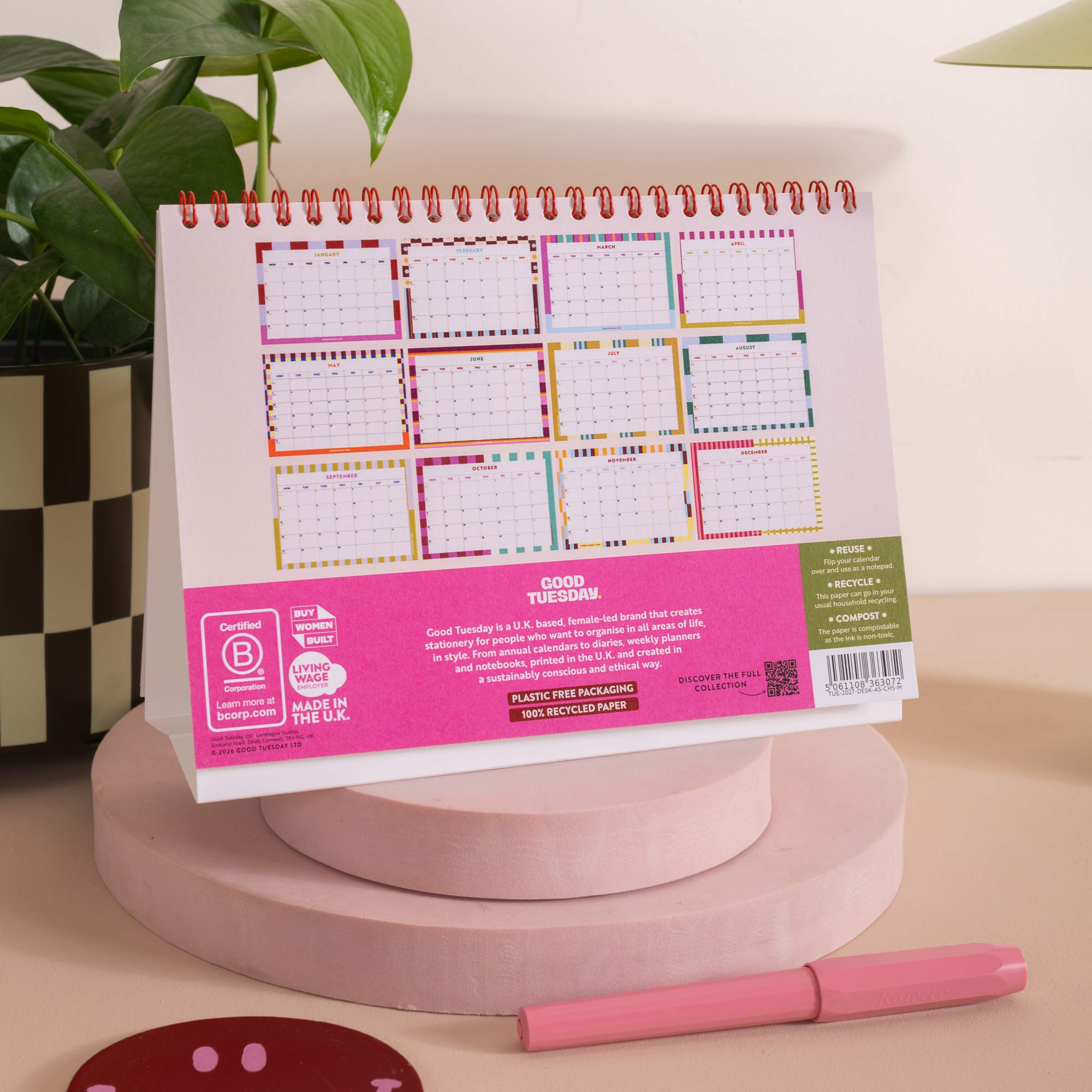 2027 Checks & Stripes Desk Calendar, 16 pages, made in the UK