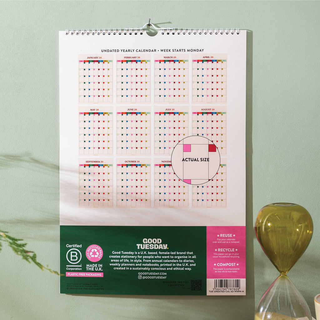 Large A3 undated 12-month wall calendar with bold colourful design, perfect for flexible year-round planning. Printed on 100% recycled paper with a large grid layout.