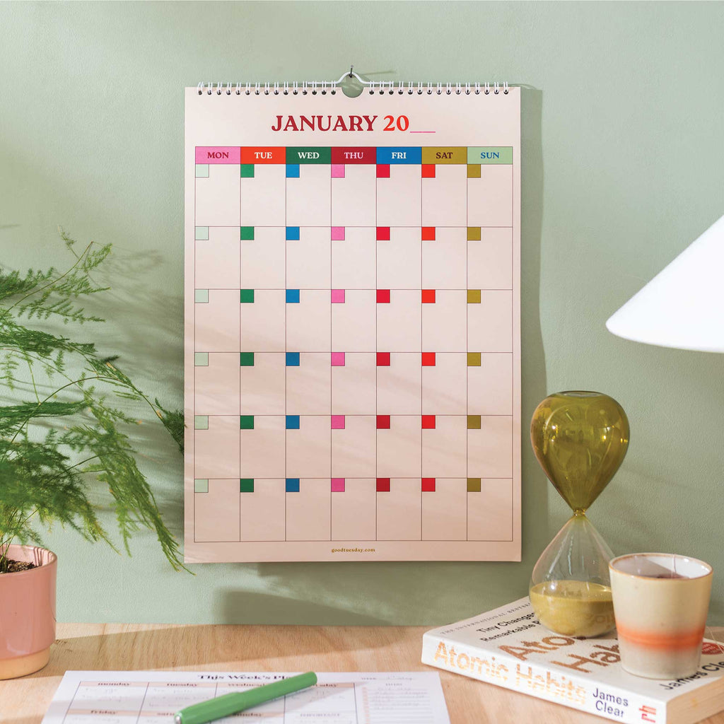 Large A3 undated 12-month wall calendar with bold colourful design, perfect for flexible year-round planning. Printed on 100% recycled paper with a large grid layout.