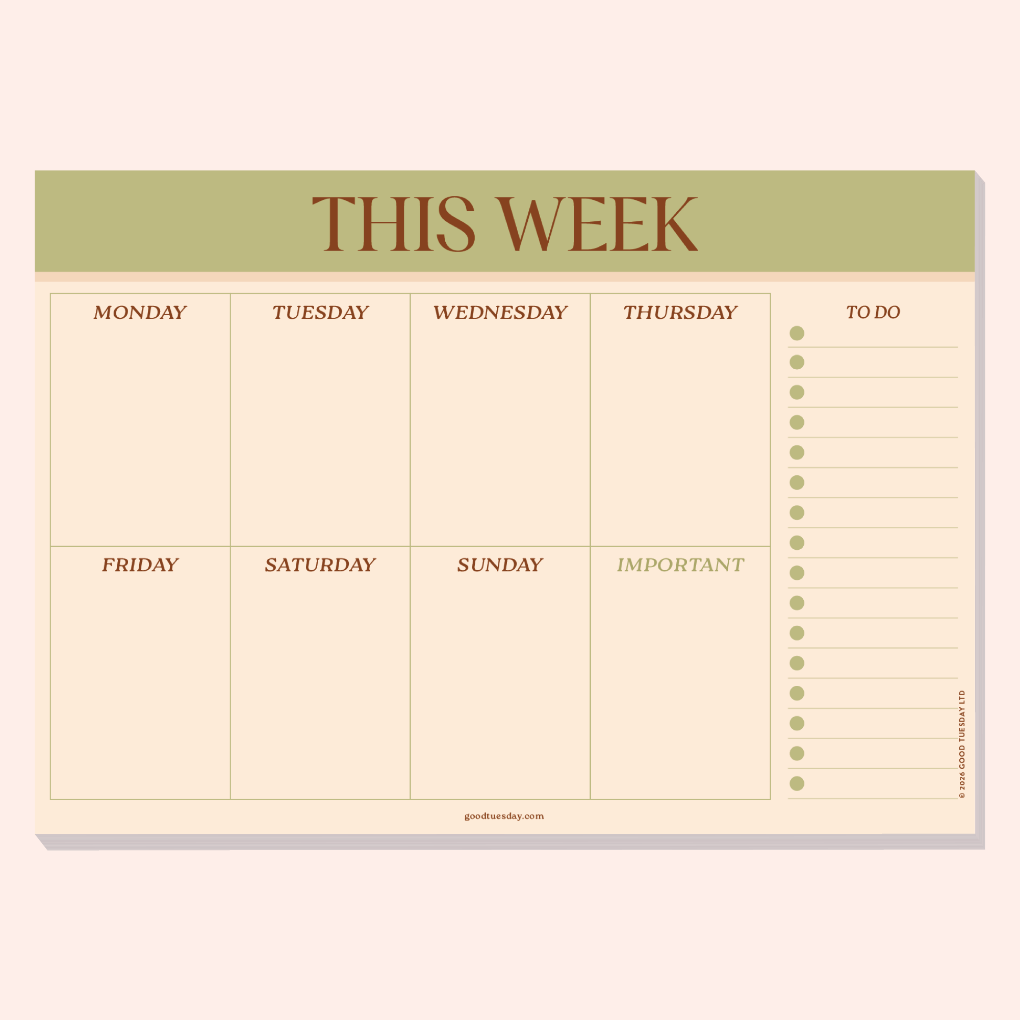 A4 Matcha Weekly Planner Pad by Good Tuesday, earthy matcha green weekly planner pad
