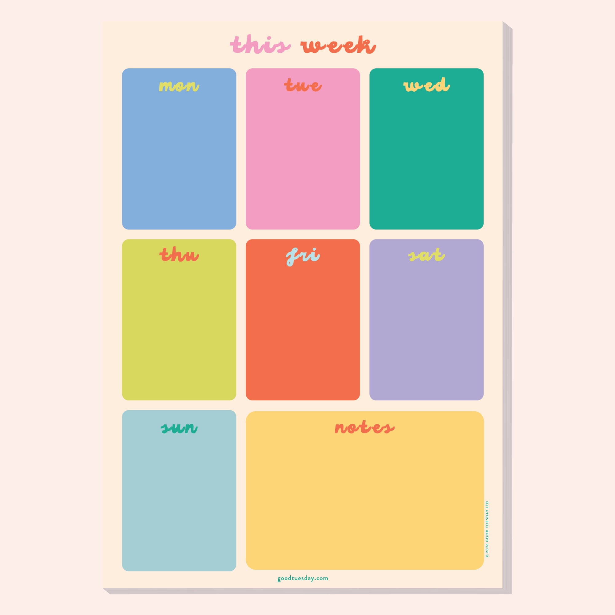 A4 Bright Side Weekly Planner Pad by Good Tuesday, sunny colour palette weekly planner pad in portrait format