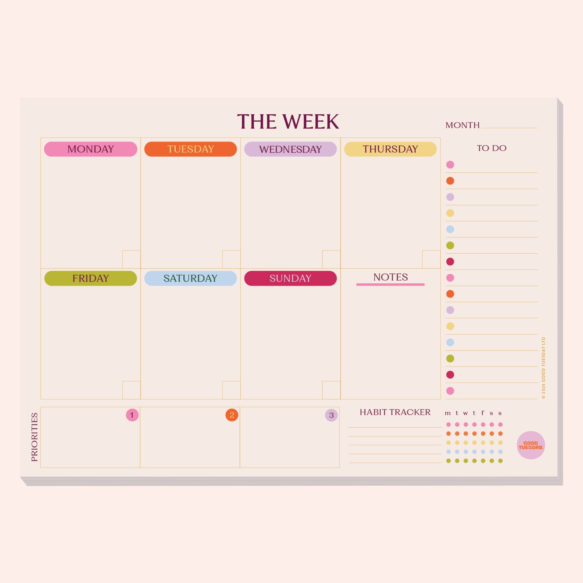A4 Colour Theory Weekly Planner Pad by Good Tuesday, colour-blocked weekly planner pad