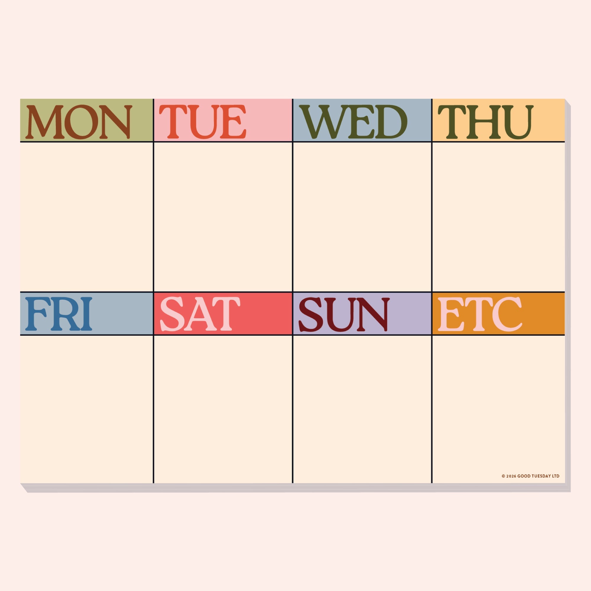 A4 Scandi Weekly Planner Pad by Good Tuesday, pared-back design with a Monday to Sunday layout