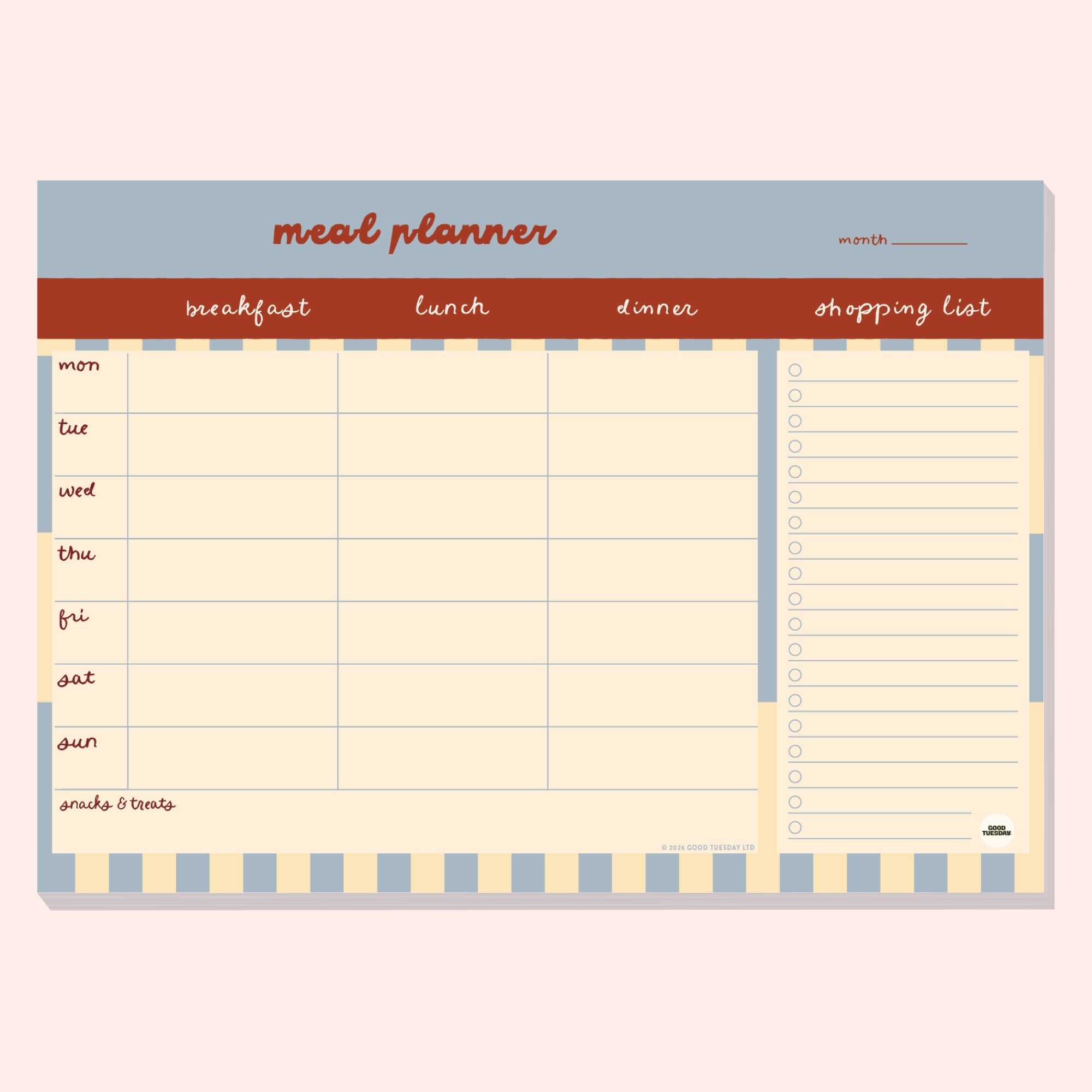 A4 Butter Blue Meal Planner Pad by Good Tuesday, butter yellow and blue meal planner pad
