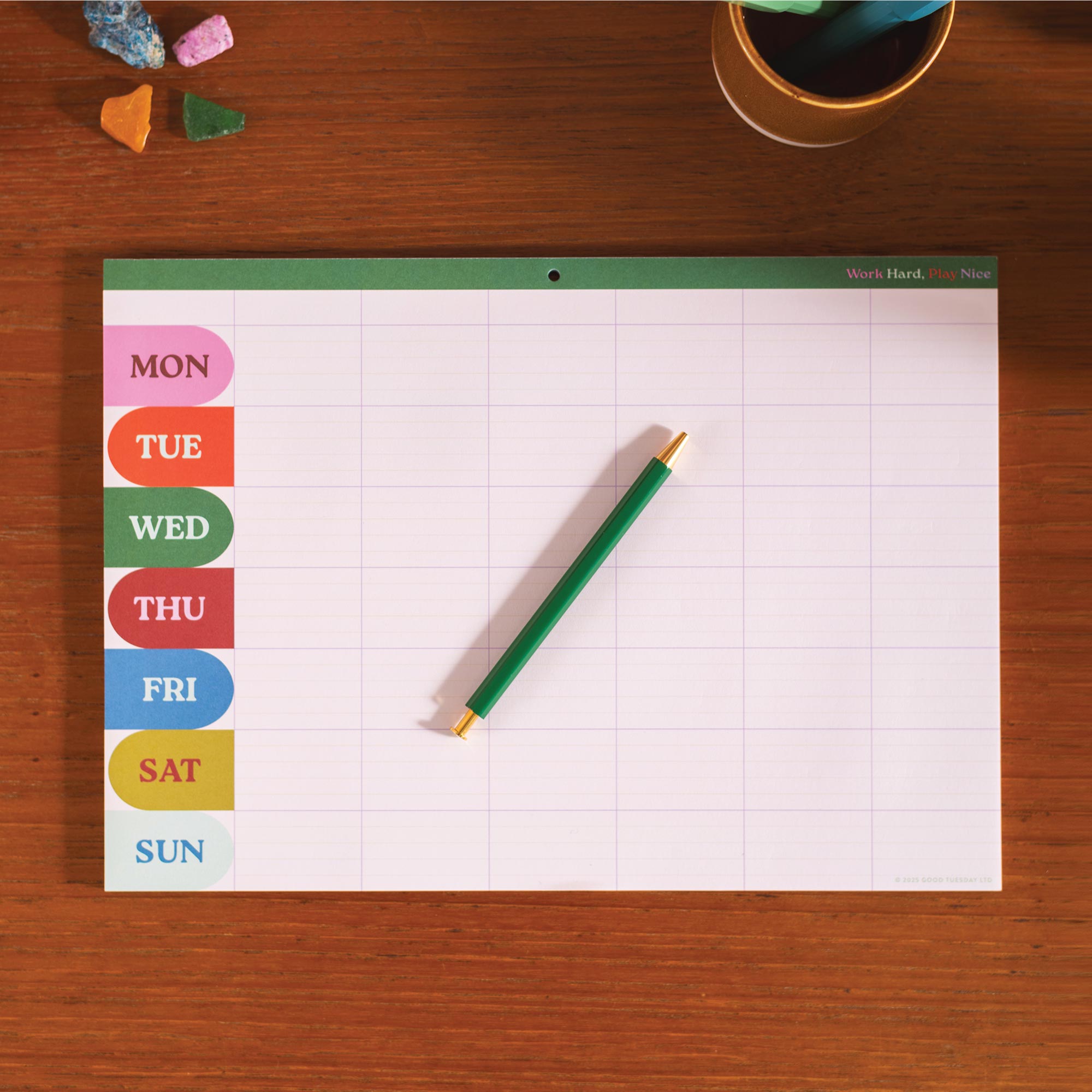 A4 weekly and monthly planner pad in bold Work Hard Play Nice design
