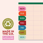 Weekly and monthly planning pages on 100% recycled, Sharpie-friendly paper