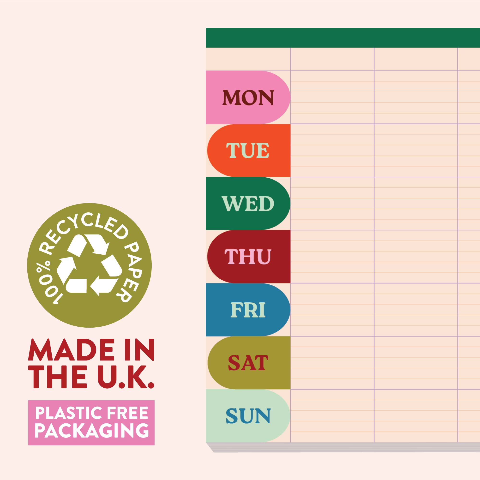 Weekly and monthly planning pages on 100% recycled, Sharpie-friendly paper