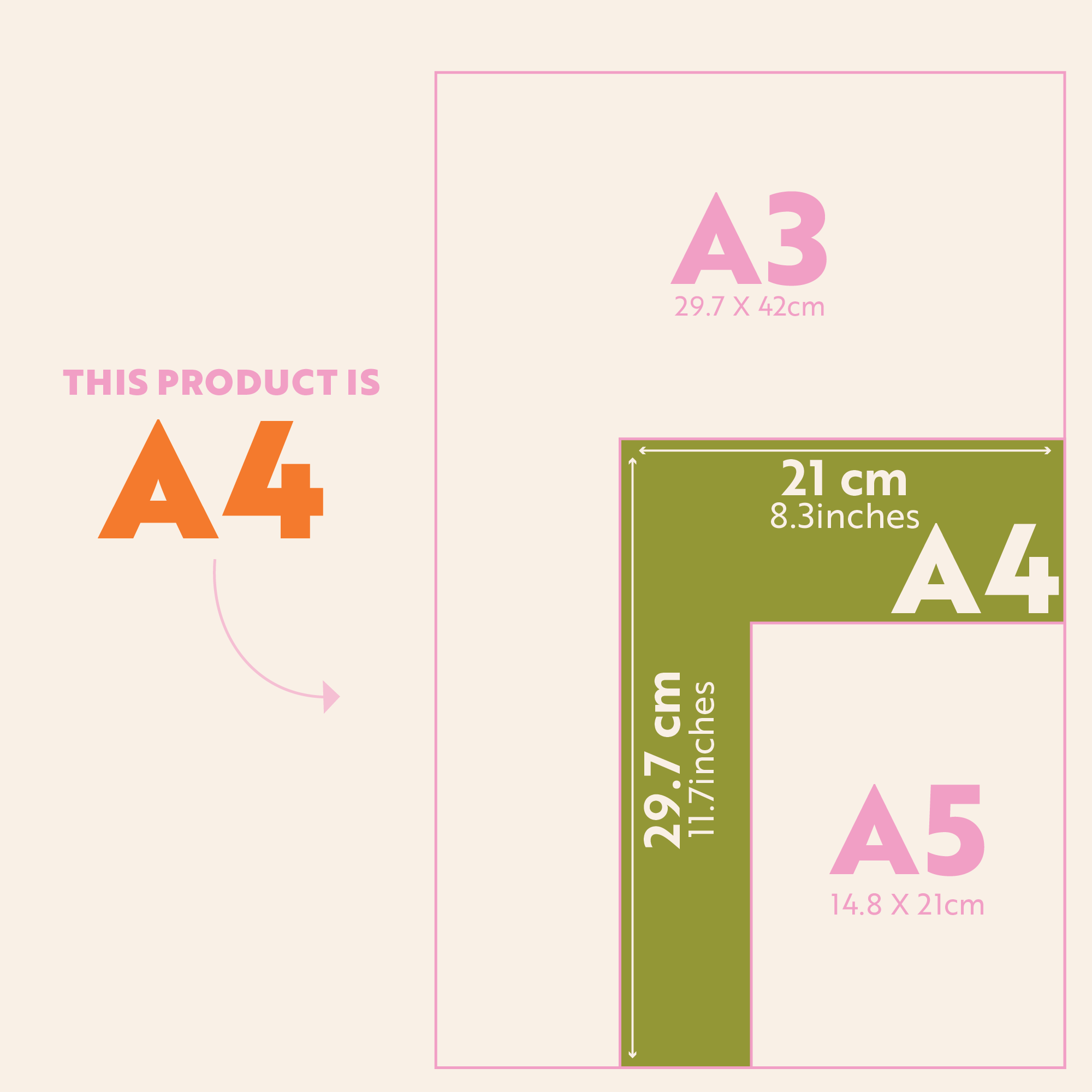 Size guide for the 2027 Design Museum Calendar, Dots & Grids, A4, showing dimensions 21 x 29.7cm (8.3 x 11.7 inches)