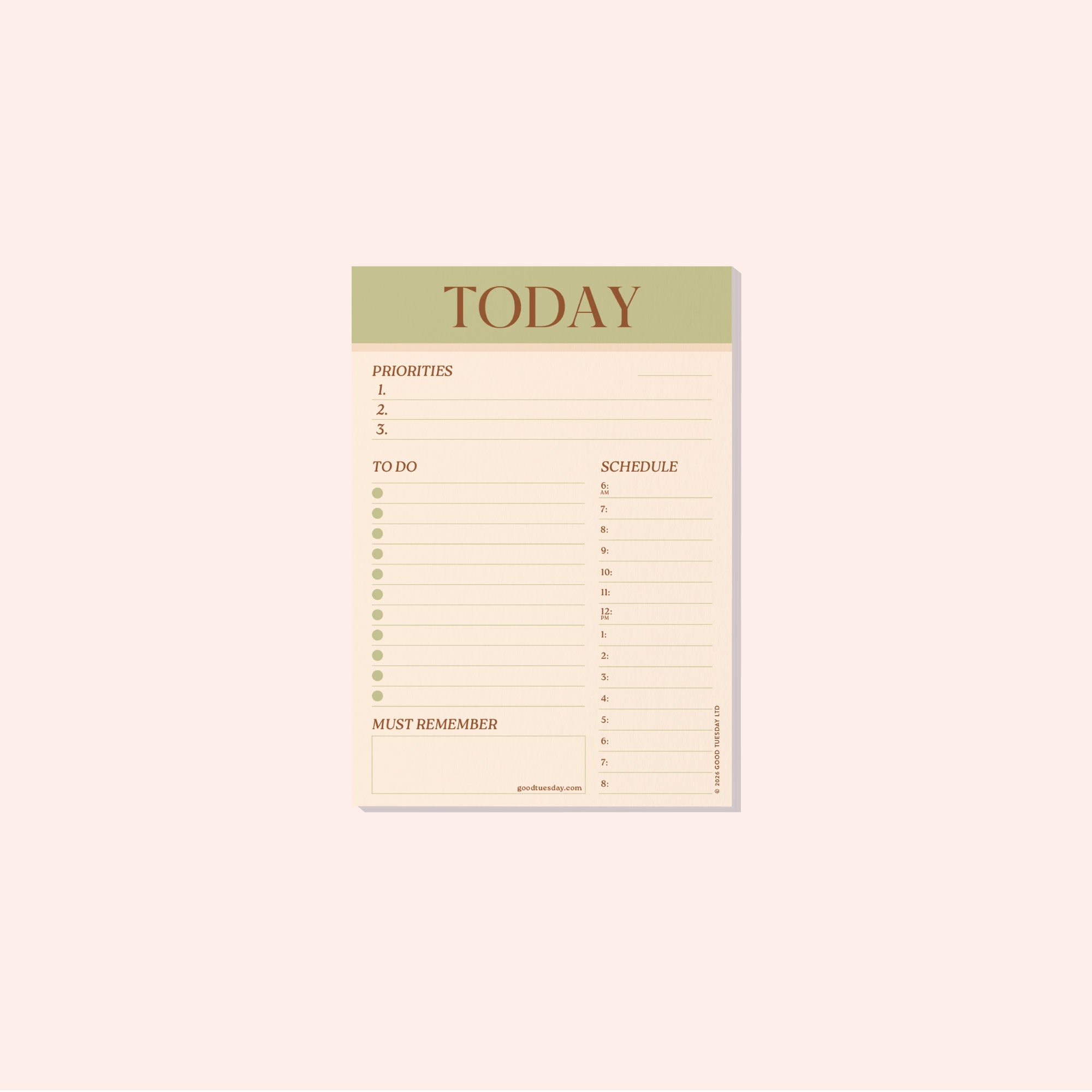 A5 Matcha Daily Planner Pad by Good Tuesday, earthy matcha green daily planner pad