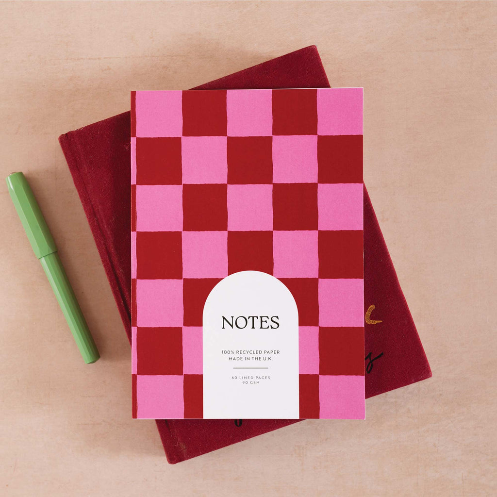 Set of two A5 lined notebooks with red heart and burgundy checkered covers – recycled paper stationery, pink and red notebook duo, eco-friendly writing journal, 60 lined pages, made in the UK.