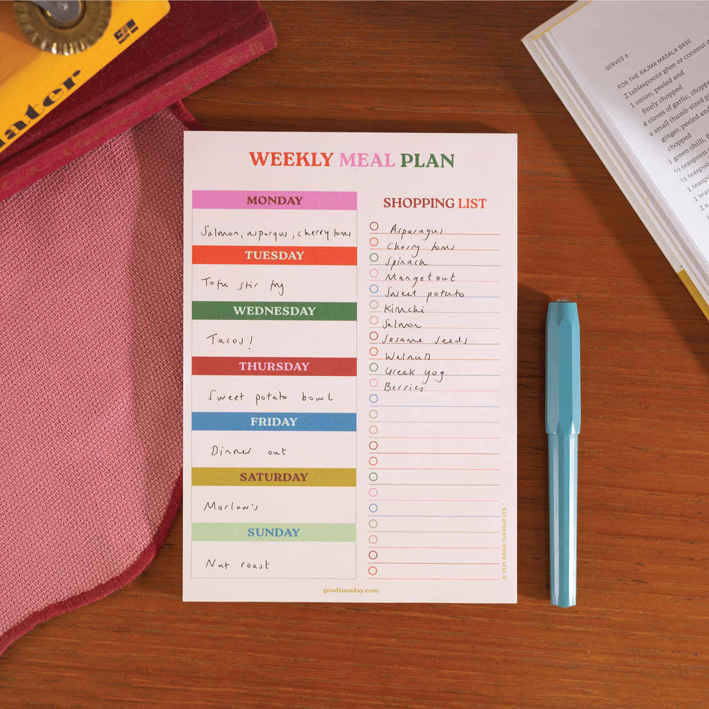 compact meal planner. grocery list. recycled paper planner. family meal planner. meal prep