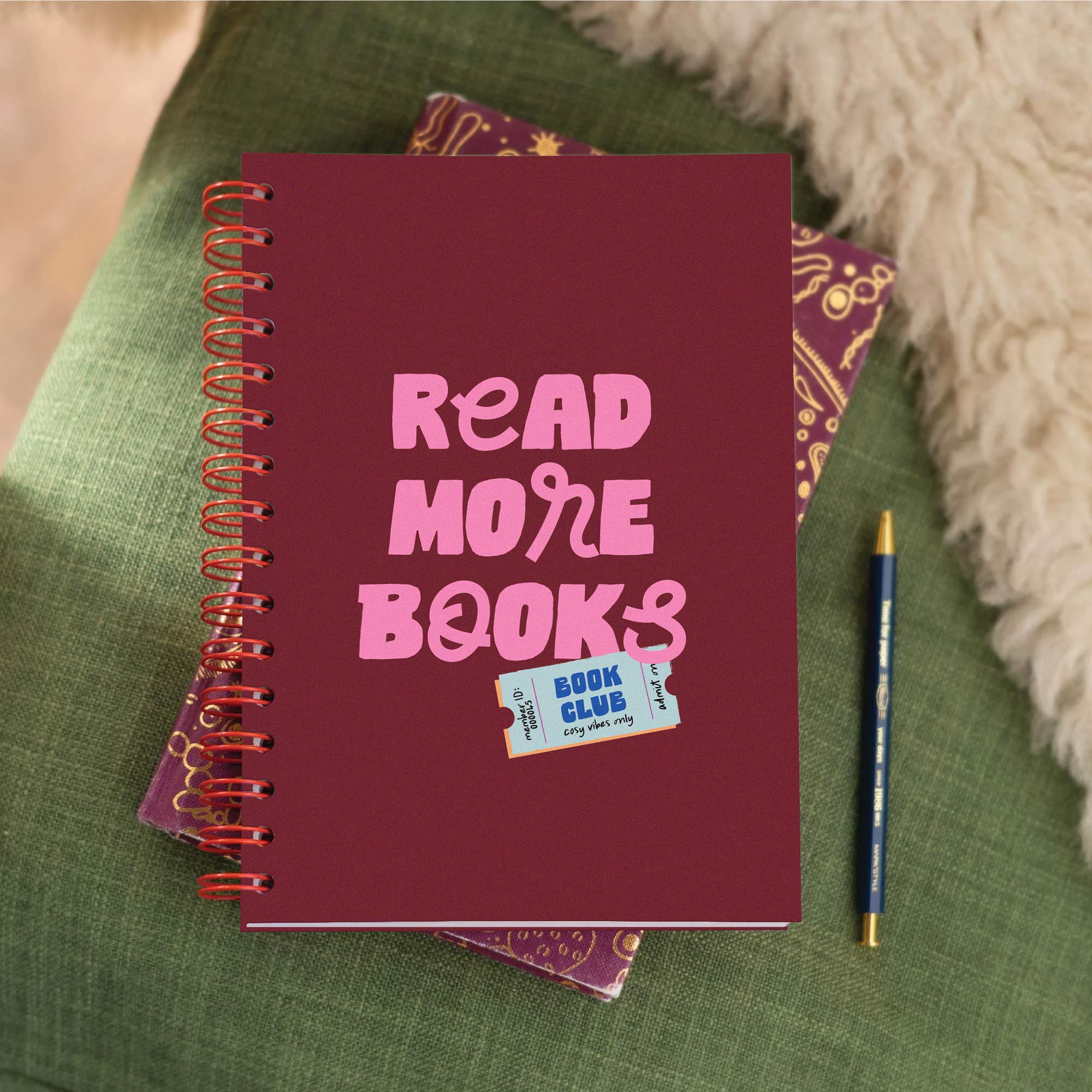 Blank Reading Journal. Hardback. For Book Lovers. Read More Books in pink on a Burgandy Cover.