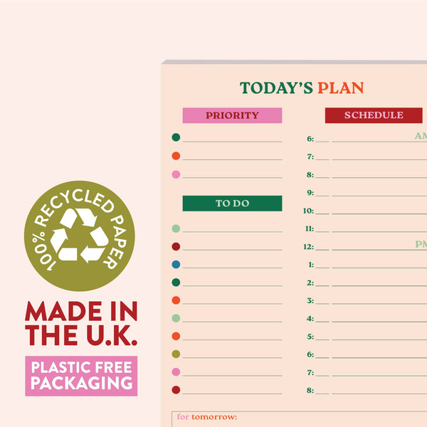 a5 daily planner pad. daily schedule. recycled paper planner. to do list.