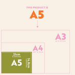Diagram showing A5, A4, and A3 paper sizes with dimensions on a light pink background.