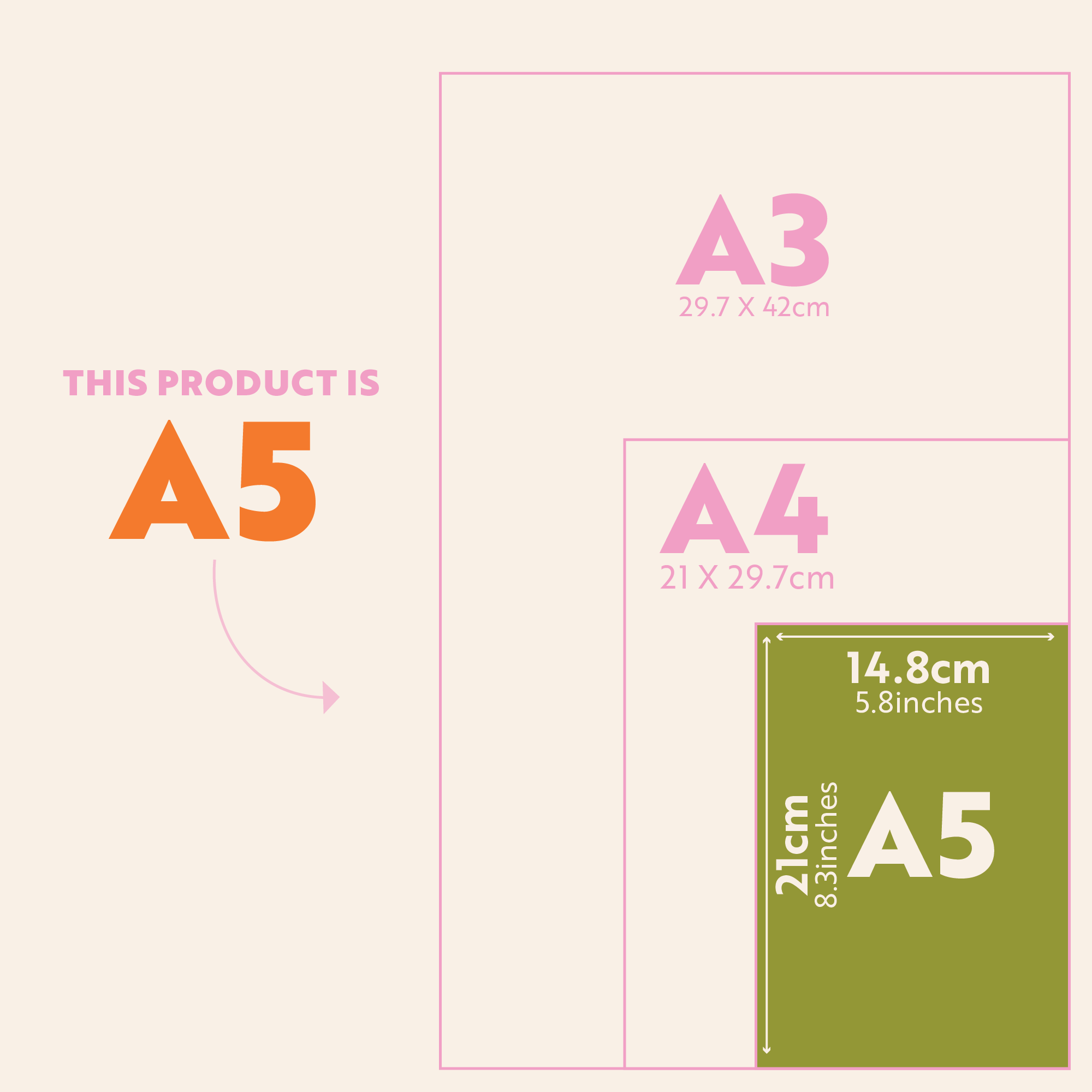 Size guide for the A5 Bold Type Design Museum Notebook, showing dimensions 14.8 x 21cm (5.83 x 8.26 inches)