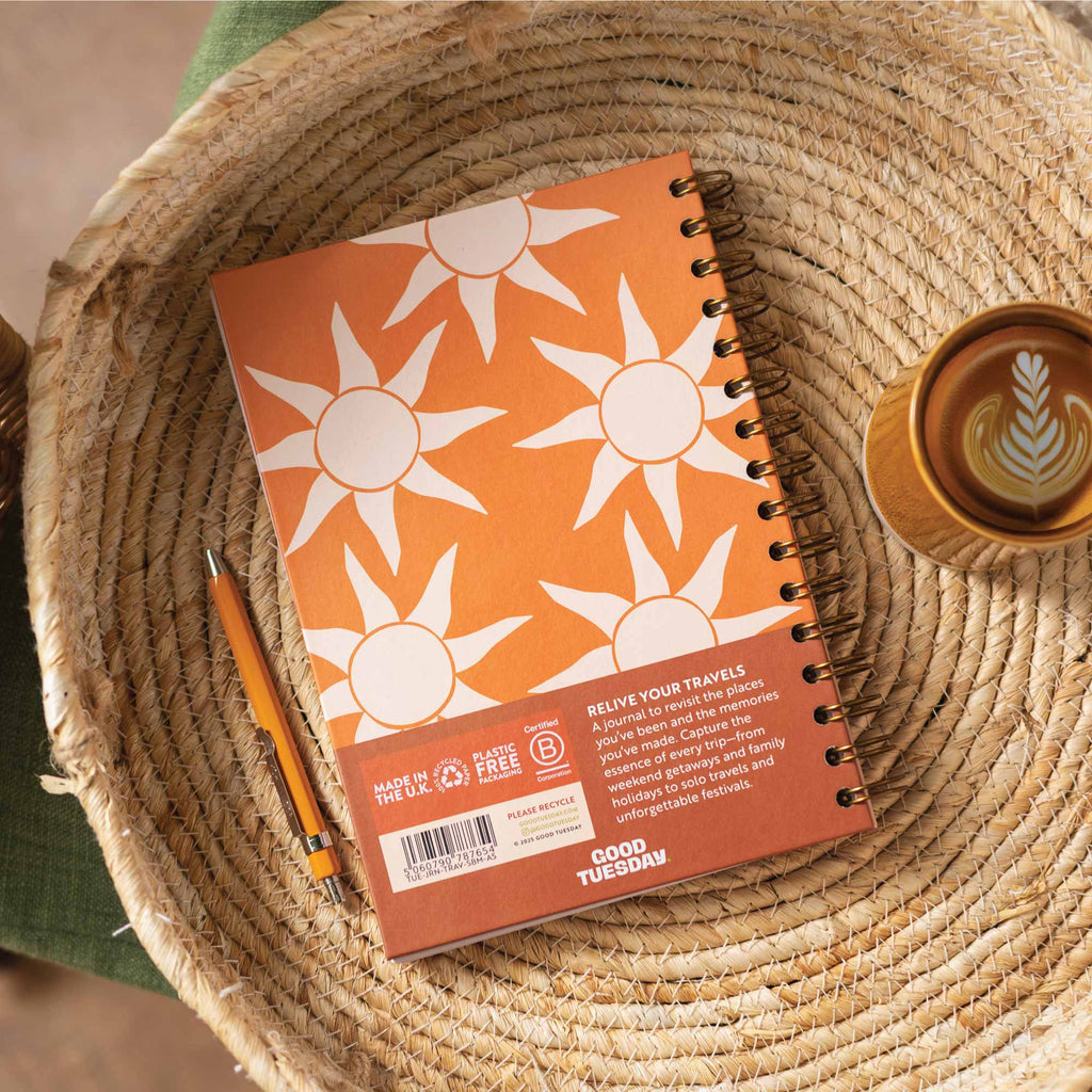 Sunbeam Travel Journal packaged in plastic-free, eco-friendly materials, reflecting sustainable practices.