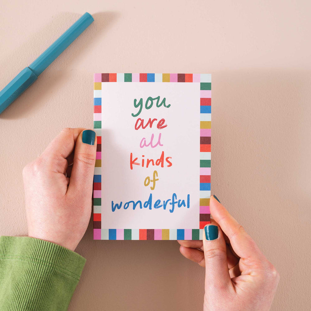 Multi-occasion greeting card, colourful uplifting card, all kinds of wonderful card, blank inspirational card, eco-friendly card UK, recycled stationery, hand-lettered card for any event.