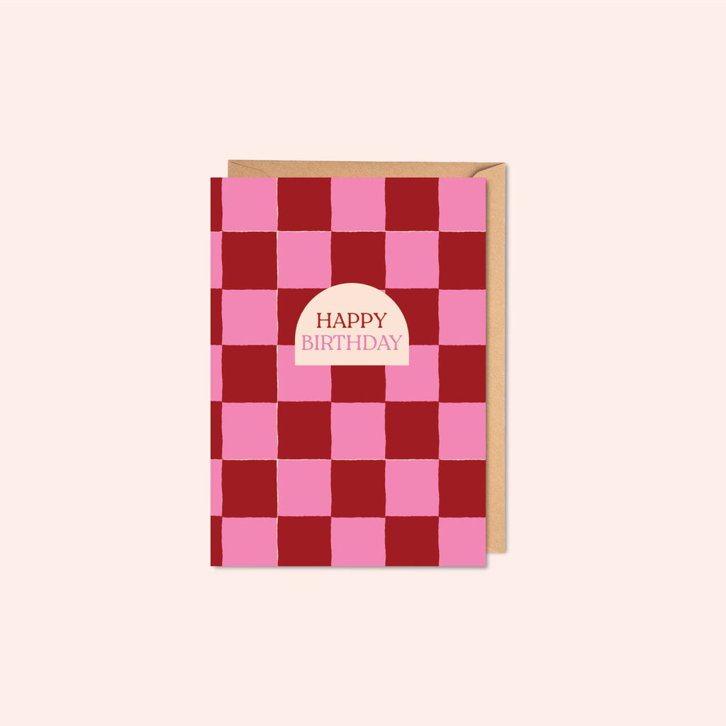 Checkered birthday card, modern birthday card, eco-friendly birthday card, sustainable birthday stationery, recycled greeting card, minimalist pink and red card, bold patterned birthday card, blank birthday card for friends and family.