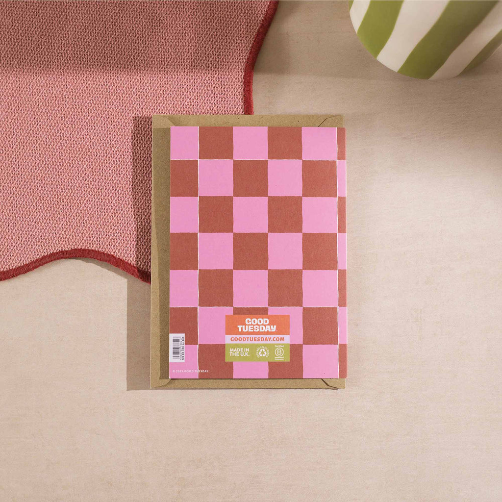 Checkered birthday card, modern birthday card, eco-friendly birthday card, sustainable birthday stationery, recycled greeting card, minimalist pink and red card, bold patterned birthday card, blank birthday card for friends and family.