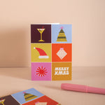 Colorful Christmas-themed card with festive illustrations