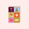 Colorful Christmas-themed card with festive illustrations on a beige background
