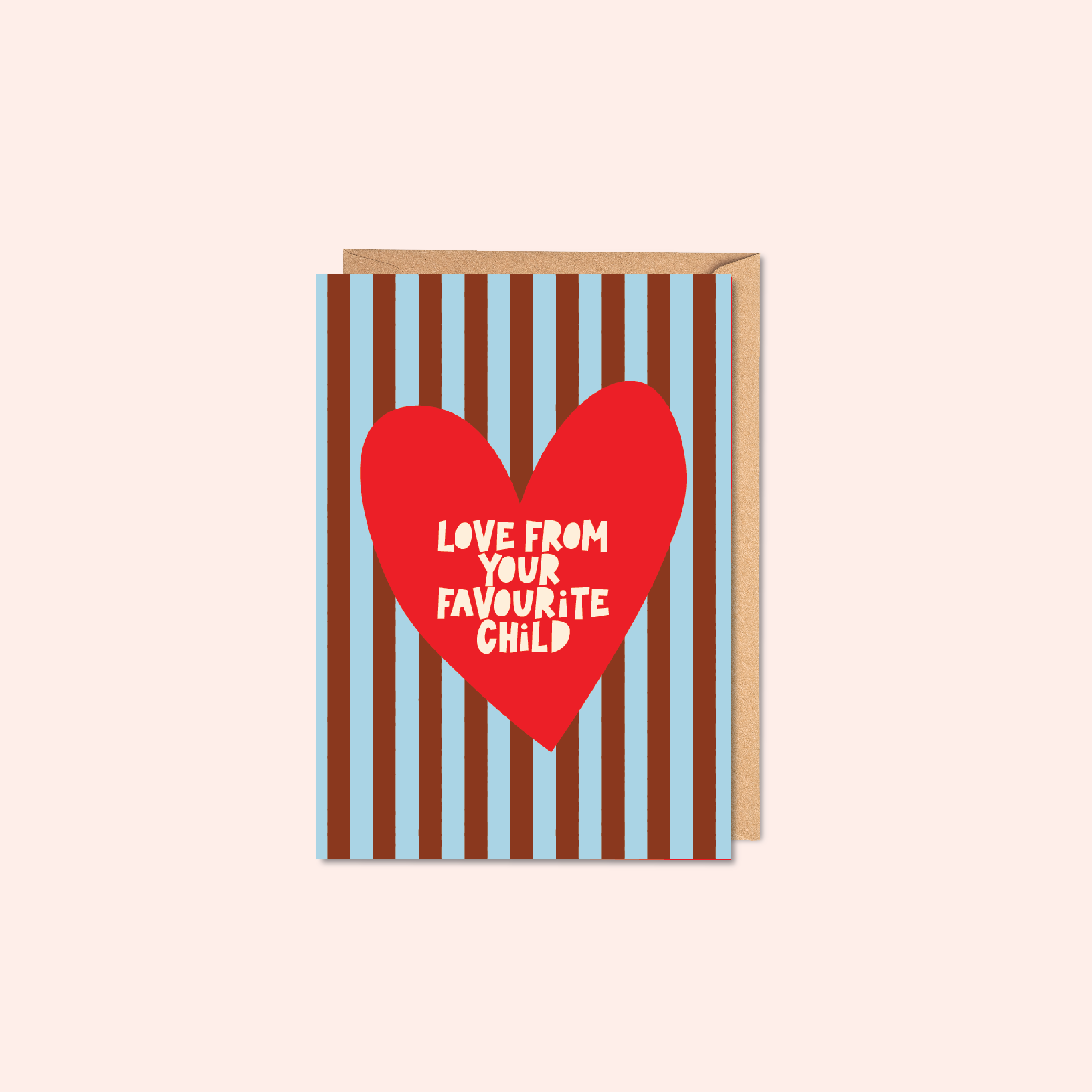 Greeting card with red heart and text on striped background