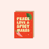 Red Christmas card with 'Peace Love & Spicy Margs' text.