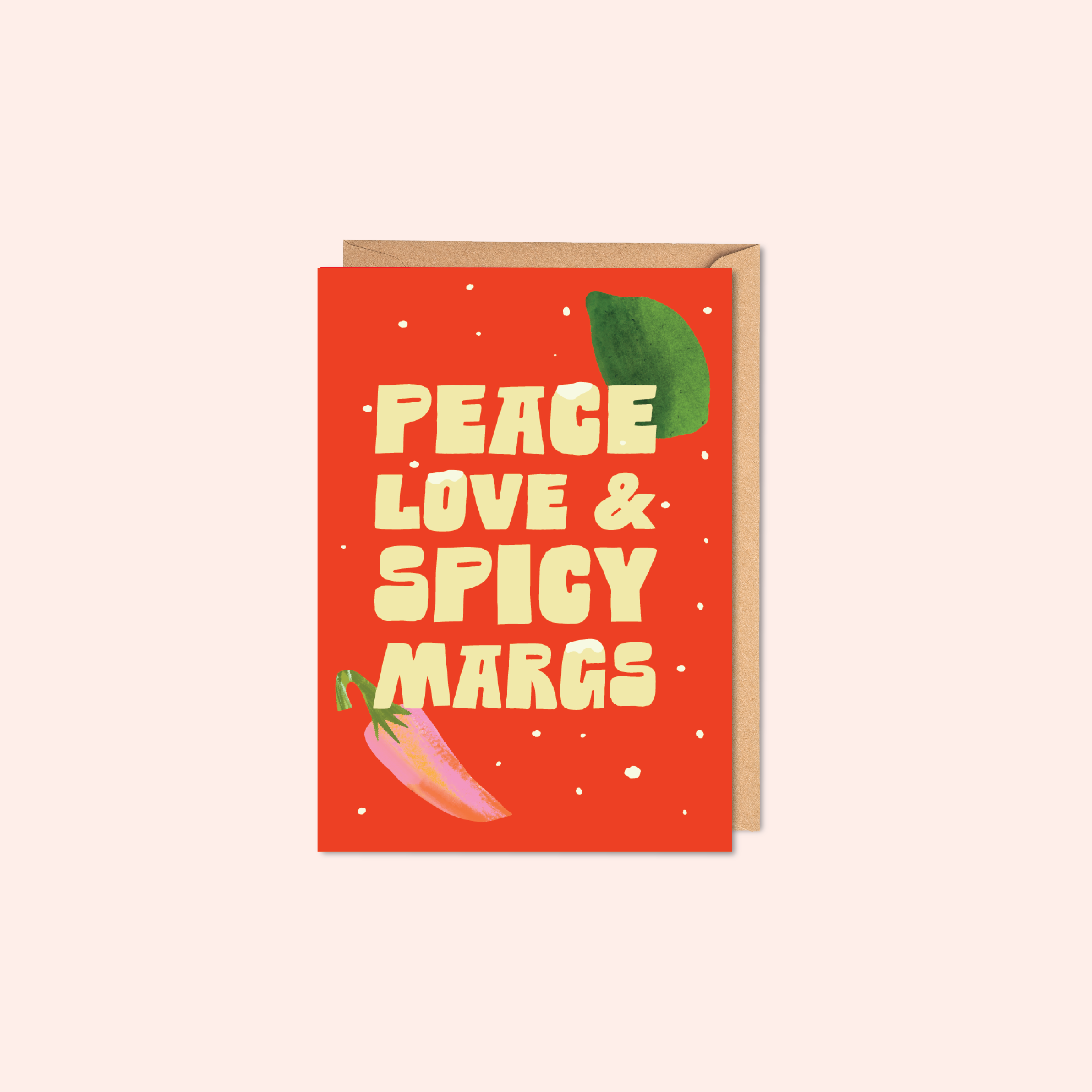 Red Christmas card with 'Peace Love & Spicy Margs' text.