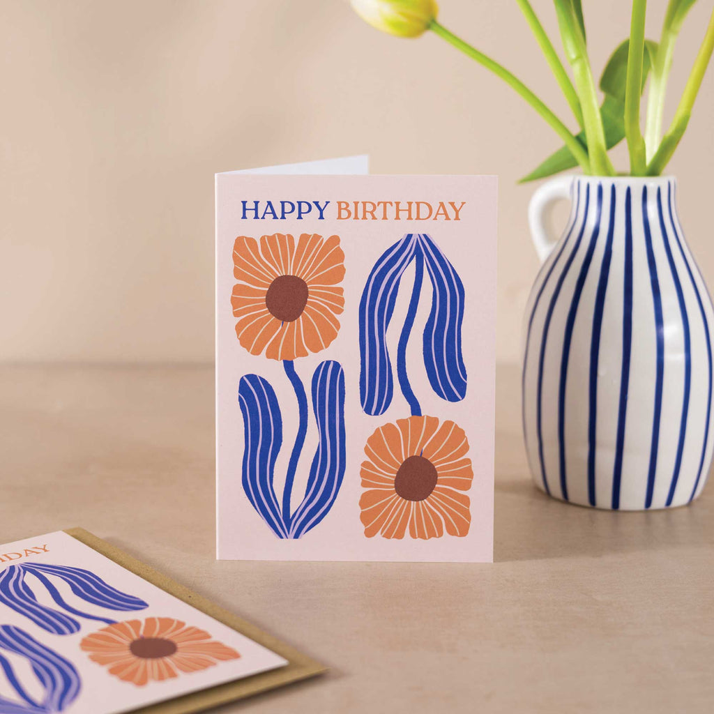 Bold floral birthday card, modern botanical birthday card, eco-friendly greeting card UK, recycled stationery, artistic hand-drawn card, blank birthday card for friends and family.