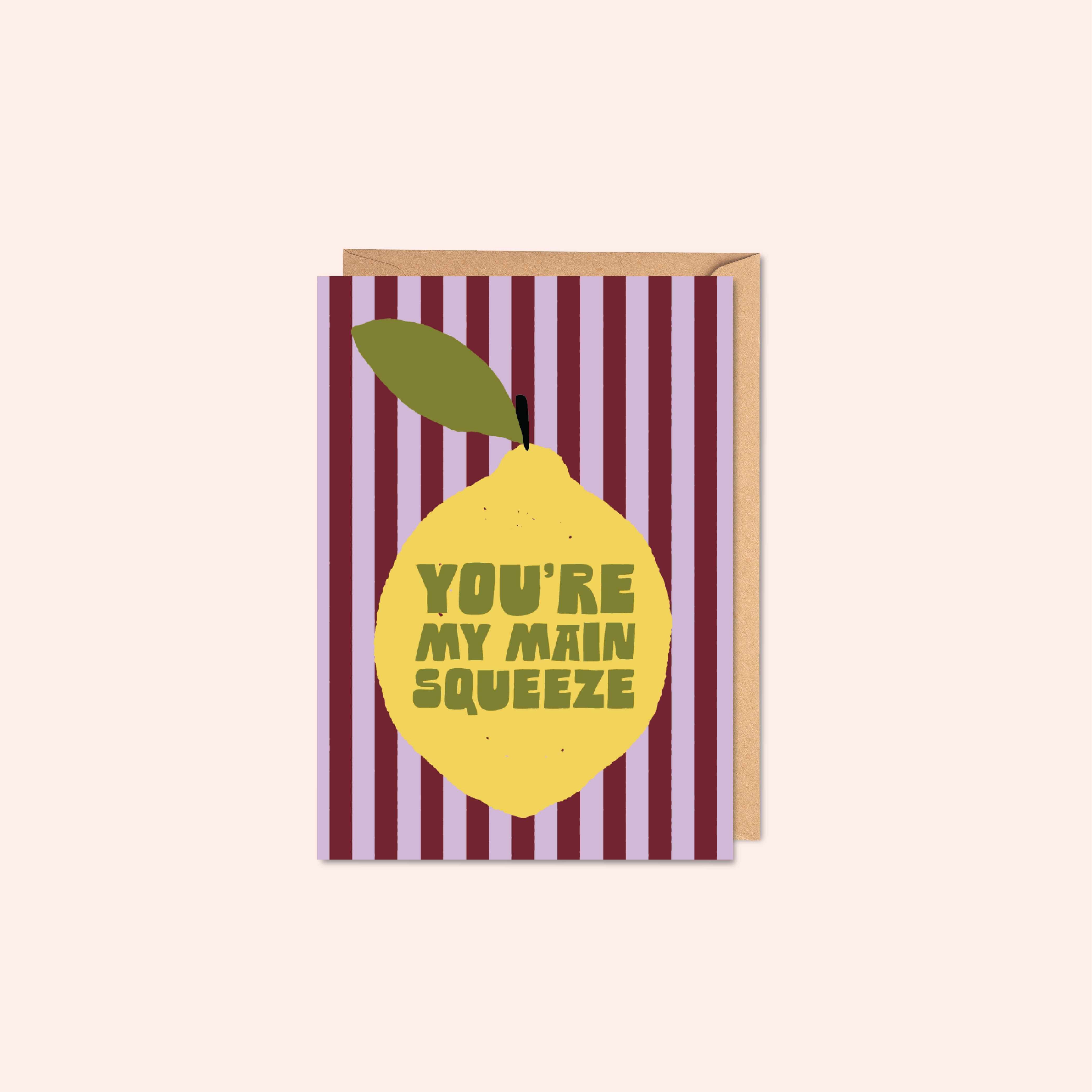 Greeting card with lemon illustration and text on a burgundy and lilac striped background