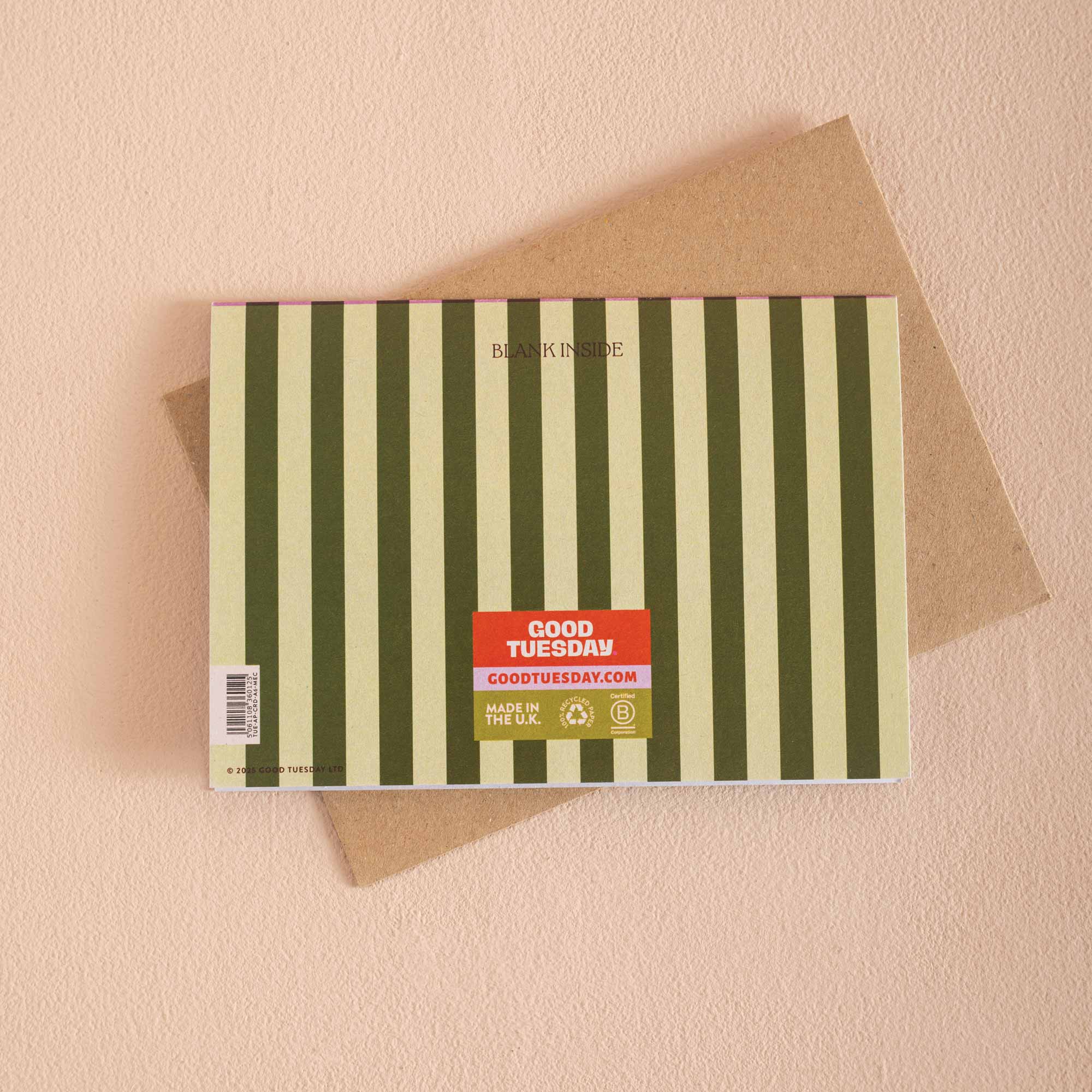 Striped card with 'Good Tuesday' branding on a beige background