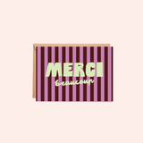 Greeting card with purple and pink striped design and 'Merci beaucoup' text on a white background