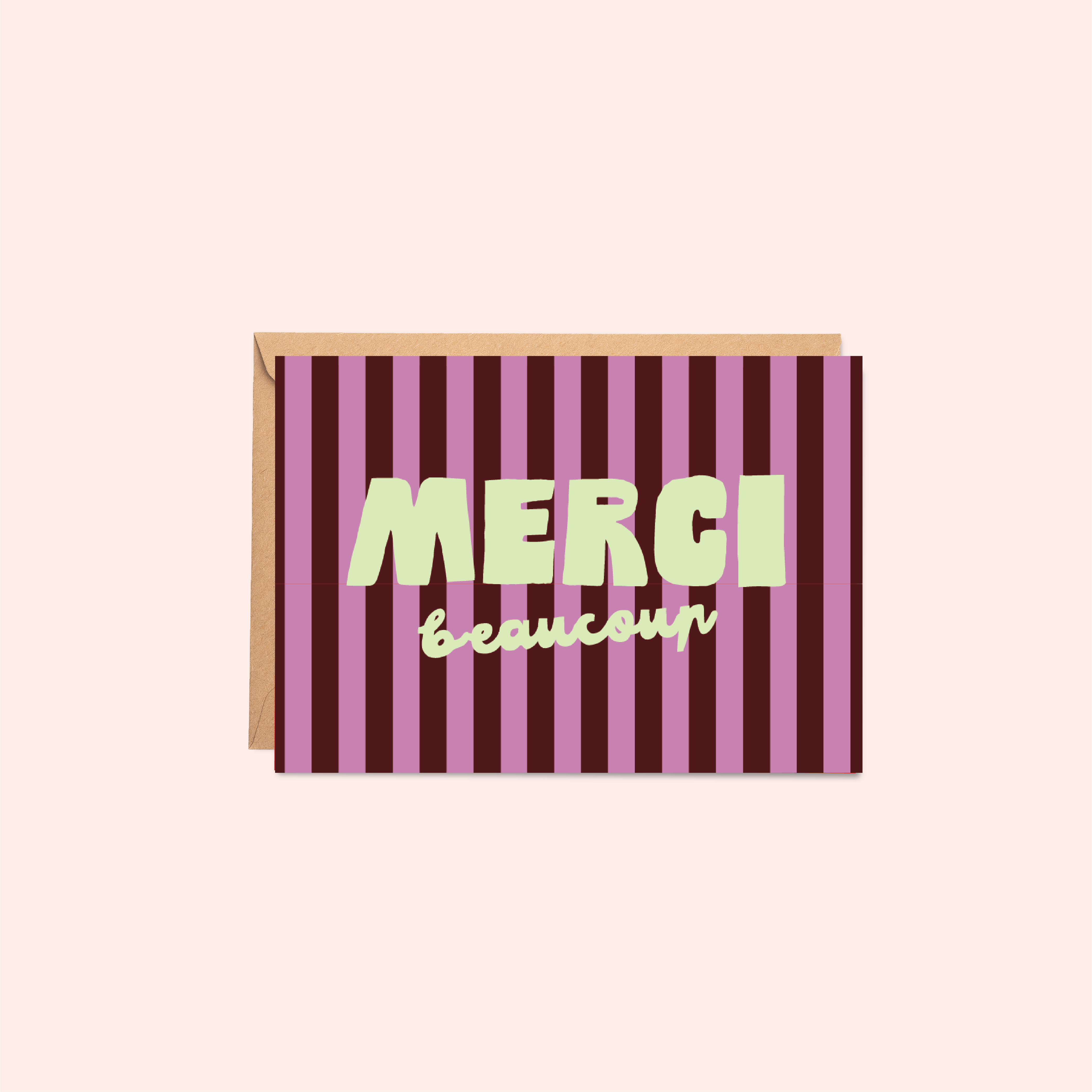 Greeting card with purple and pink striped design and 'Merci beaucoup' text on a white background