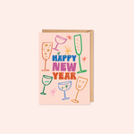 Greeting card with colorful wine glass illustrations and 'Happy New Year' text on a light pink background.