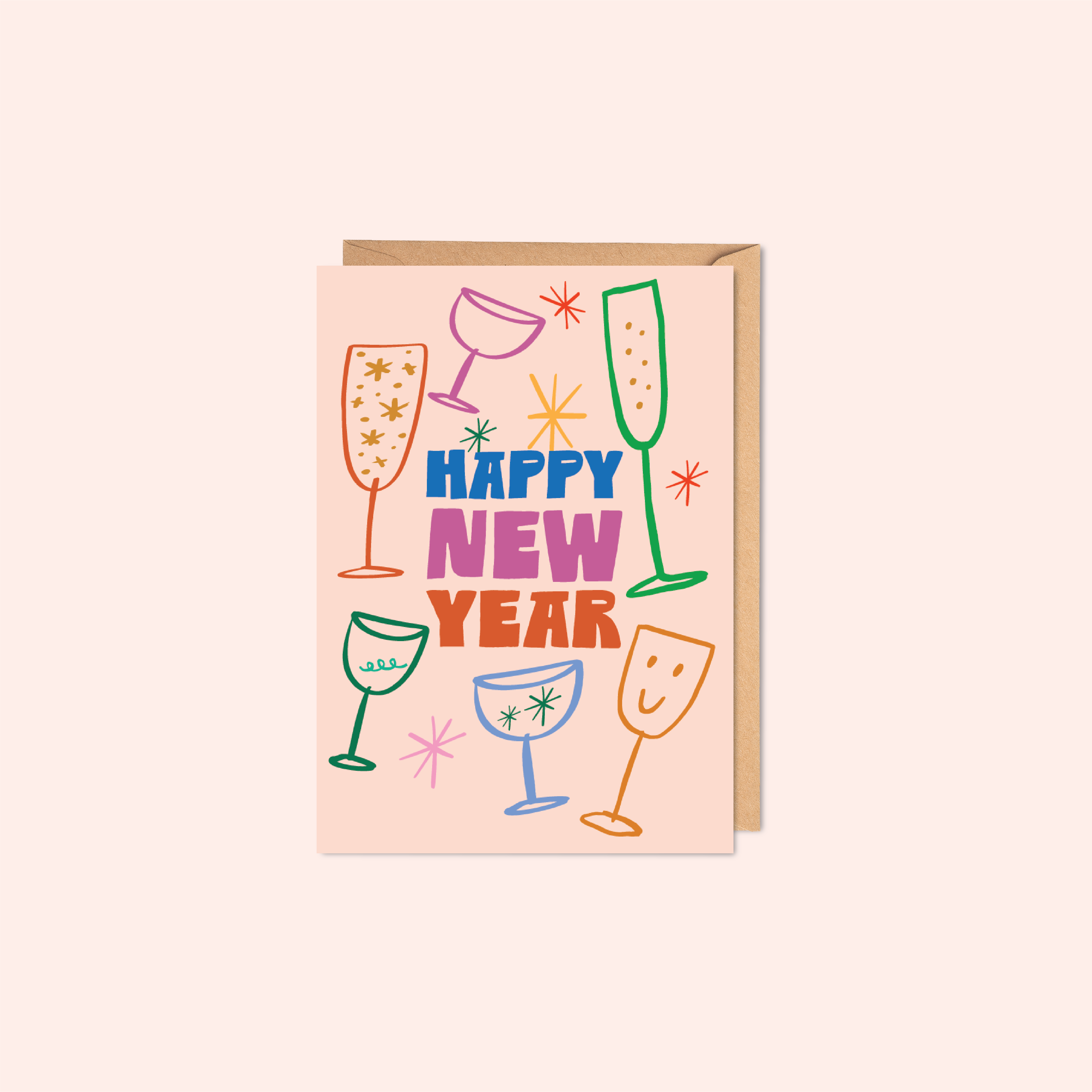 Greeting card with colorful wine glass illustrations and 'Happy New Year' text on a light pink background.