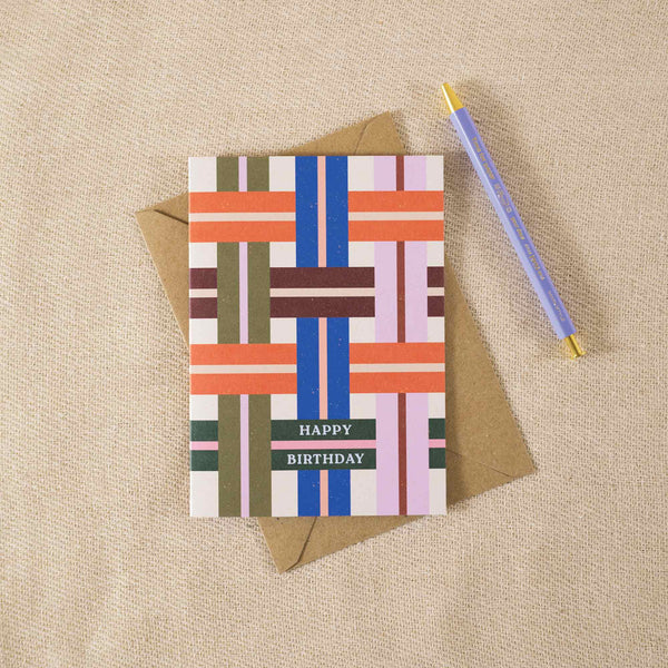 Bold pattern birthday card, modern stripe birthday card, retro-inspired greeting card, eco-friendly stationery, recycled birthday card, blank card for birthdays.