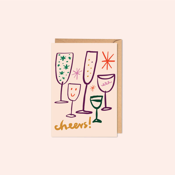 Cheers celebration card, clinking glasses card, all-occasion card, celebration greeting card, eco-friendly stationery, recycled card UK, new job congratulations card, stylish hand-drawn design card