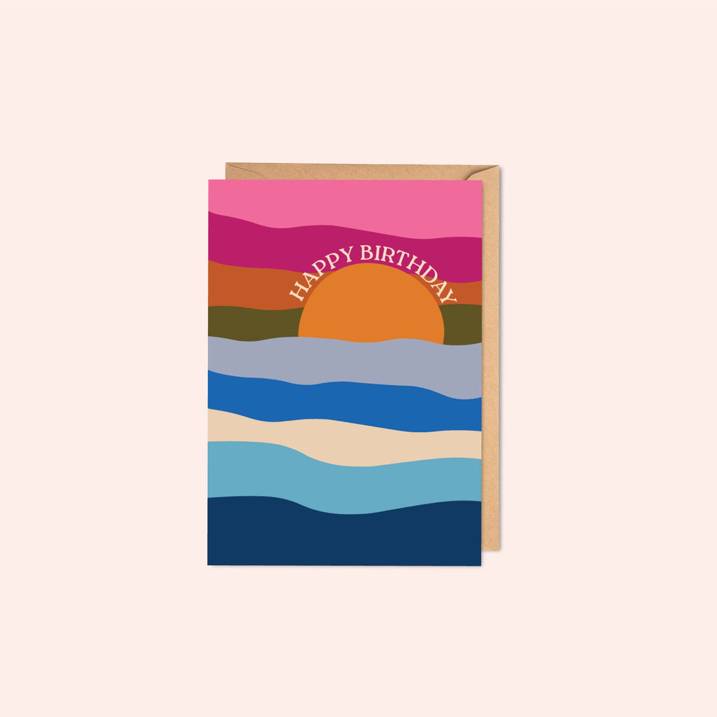 Sunset birthday card, seascape card design, calming waves birthday card, coastal-inspired card, eco-friendly greeting card UK, recycled stationery, blank birthday card for friends and family.