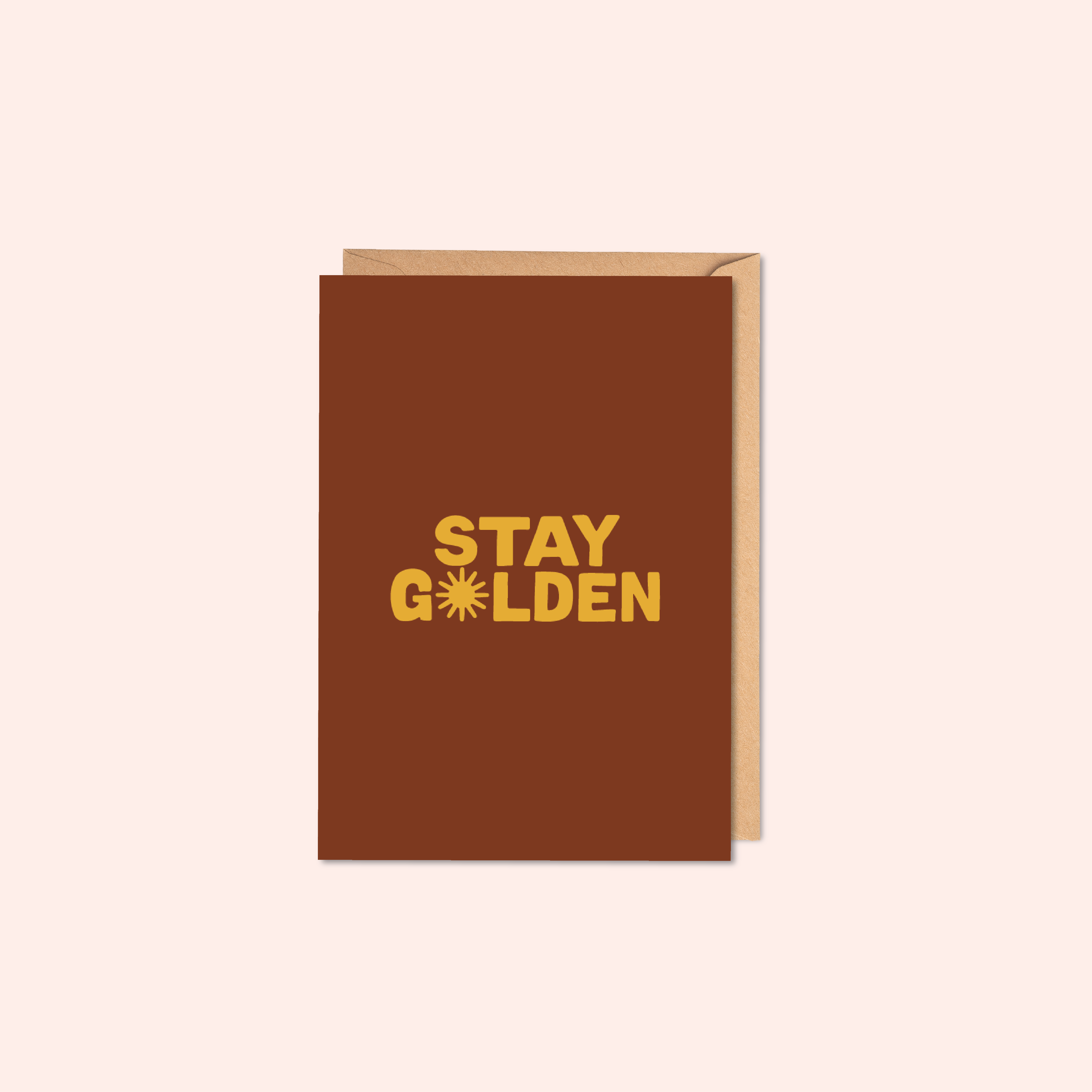 A rich Brow greeting card with 'Stay Golden' text on a white background