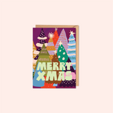 Colorful Christmas card with trees and 'Merry Xmas' text on a white background