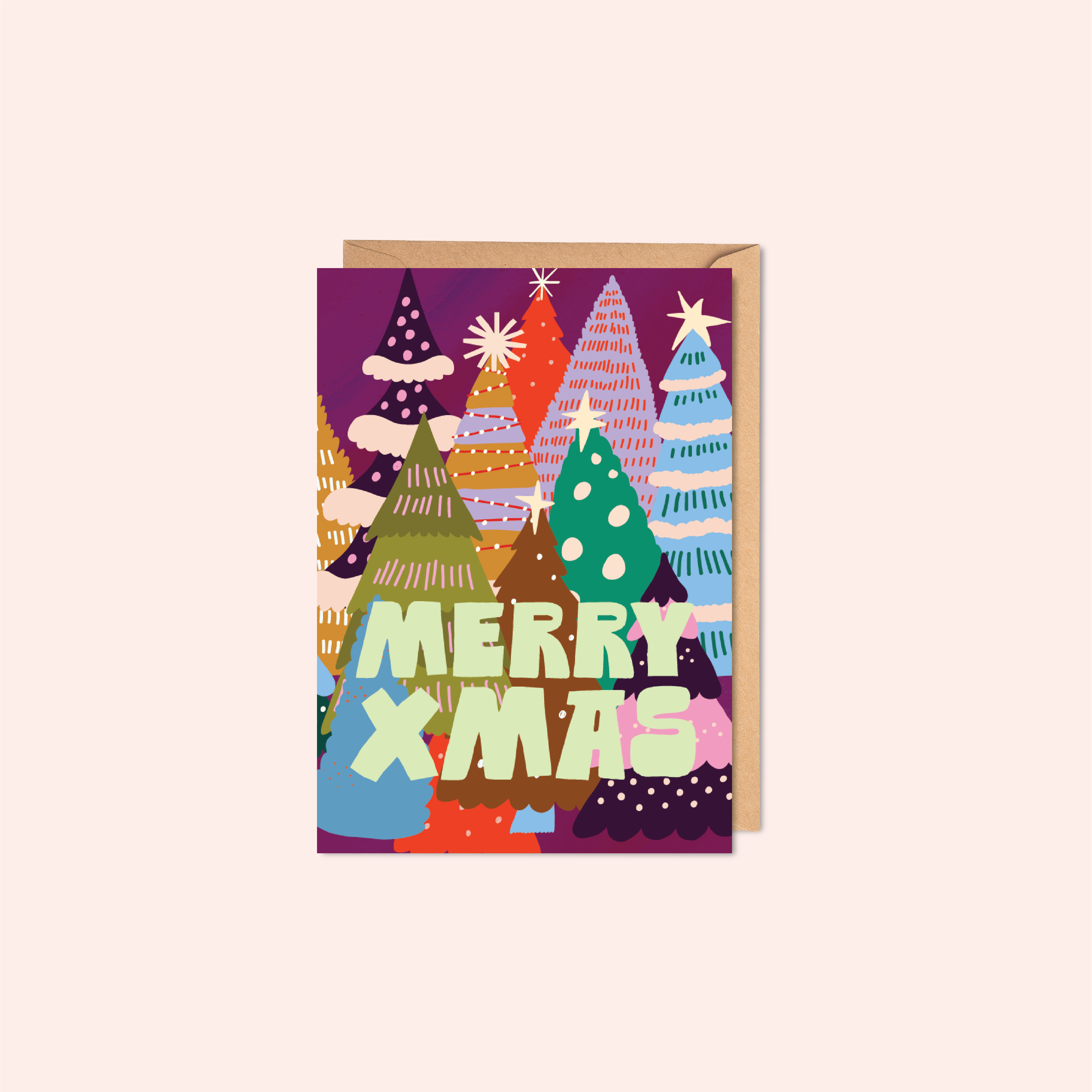 Colorful Christmas card with trees and 'Merry Xmas' text on a white background