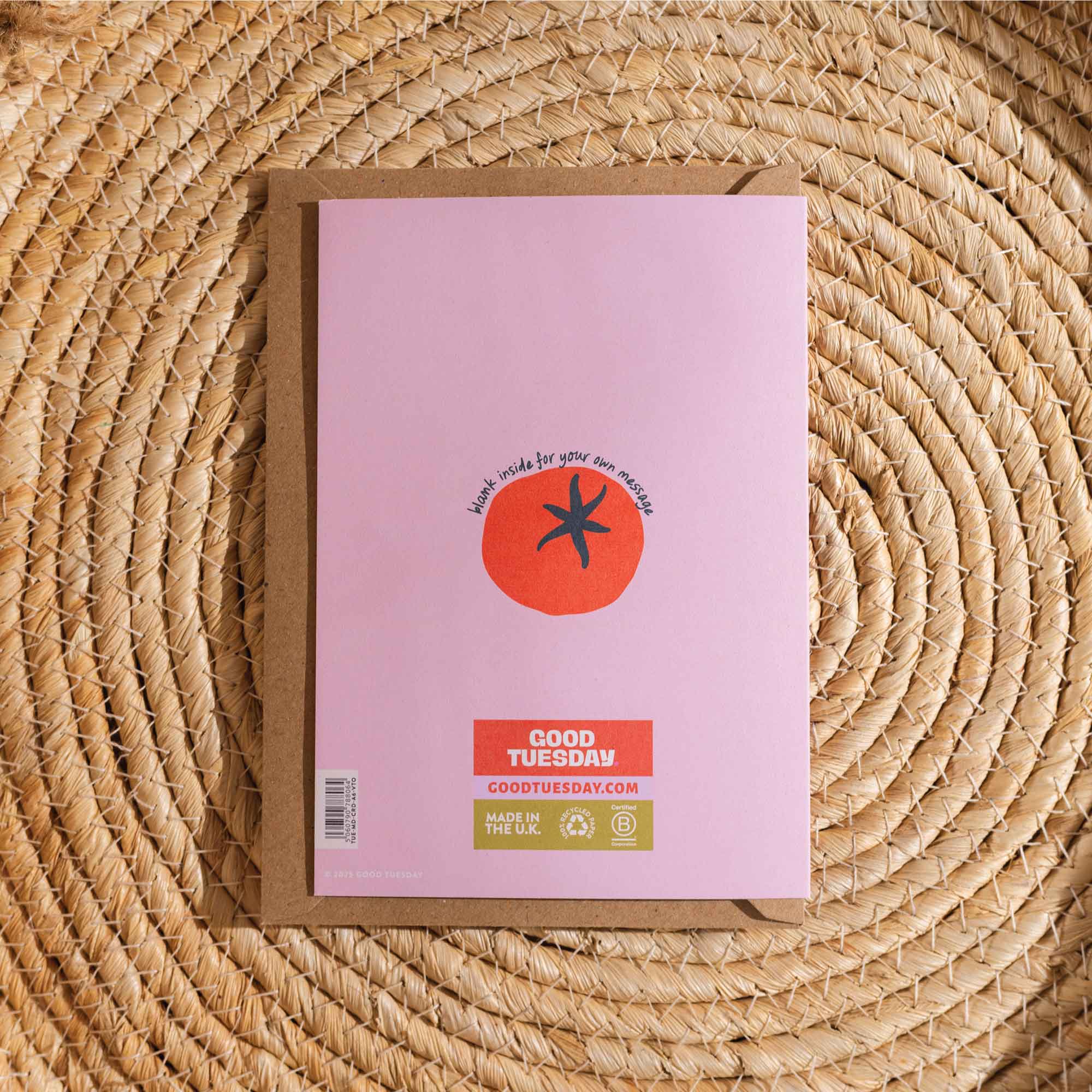 Mother’s Day pun card, eco-friendly Mother’s Day card, recycled greeting card, funny Mother’s Day card UK, playful tomato card, sustainable stationery